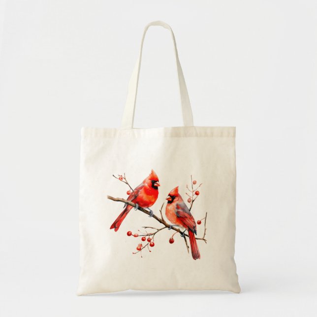 Tote Bag Oiseaux cardinaux rouges sur la branche de l'Holly (Devant)