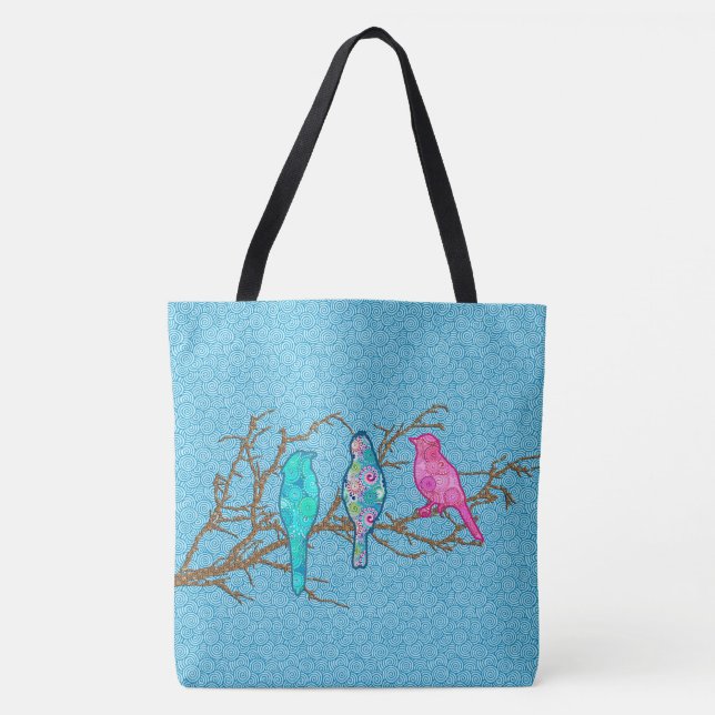 Tote Bag Oiseaux d'Applique sur une branche, bleu de ciel (Devant)