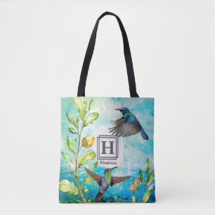 Tote Bag Oiseaux d'aquarelle   Monogramme