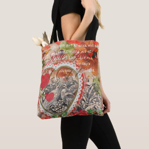 Tote Bag Oiseaux de l'amour Cœur Rouge Collage d'art