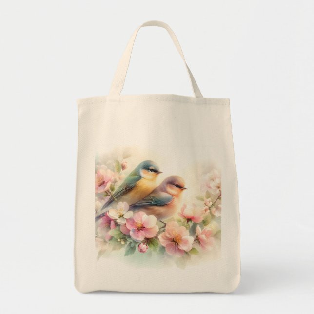 Tote Bag Oiseaux de l'amour doux pastel de printemps Fleurs (Devant)