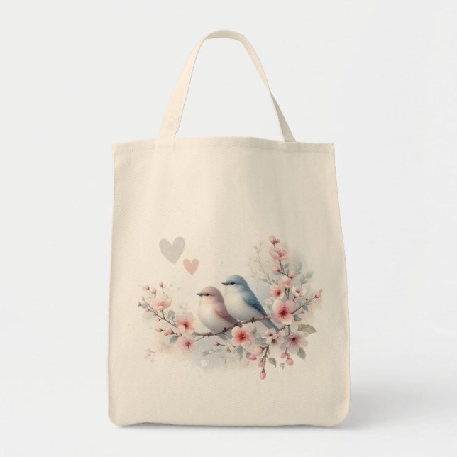 Tote Bag Oiseaux de l'amour romantique Branche de fleurs de (Devant)