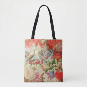 Tote Bag Oiseaux de l'amour Vintage Antique Cœur