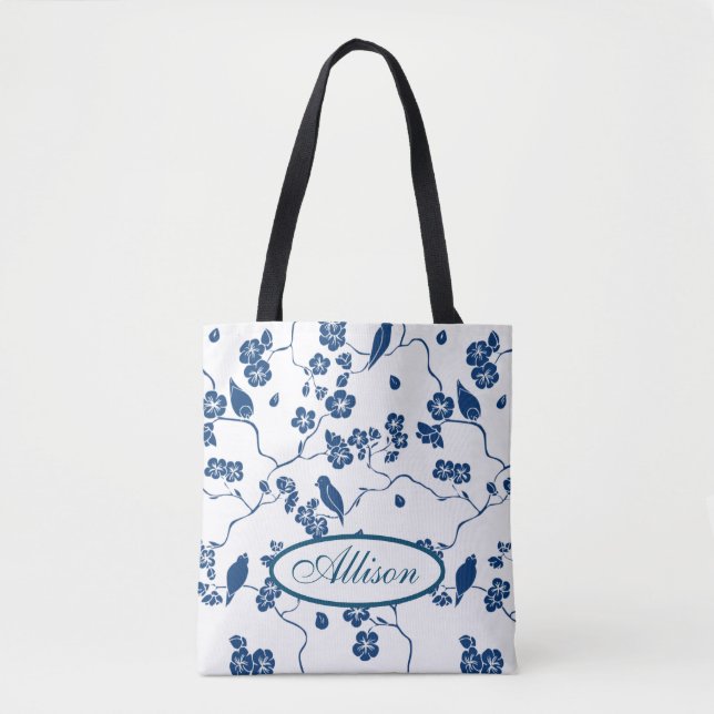 Tote Bag Oiseaux de Toile contemporains & Flore (Devant)