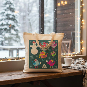 Tote Bag Oiseaux d'hiver Jouer dans la neige avec Snowman