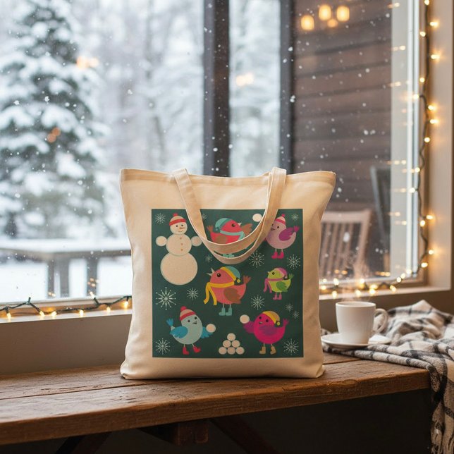 Tote Bag Oiseaux d'hiver Jouer dans la neige avec Snowman (Créateur téléchargé)