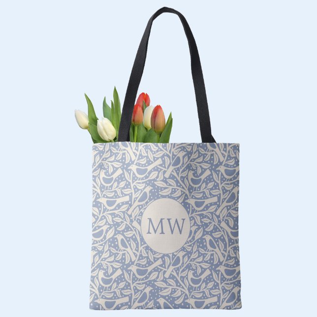 Tote Bag Oiseaux du Patrimoine Monogramme Initial (Heritage Arts and Crafts style monogram initial personalized birds and branches tote bag)