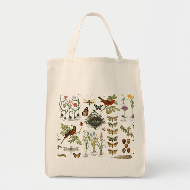 Tote Bag oiseaux et fleurs botaniques français vintages (Devant)