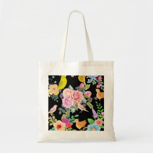 Tote Bag Oiseaux et fleurs colorés et vibrants sur fond noi