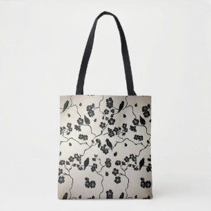 Tote Bag Oiseaux et fleurs de cerisier à motif noir sur bro