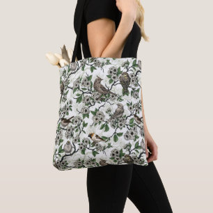 Tote Bag Oiseaux et fleurs de cerisier sur fond blanc