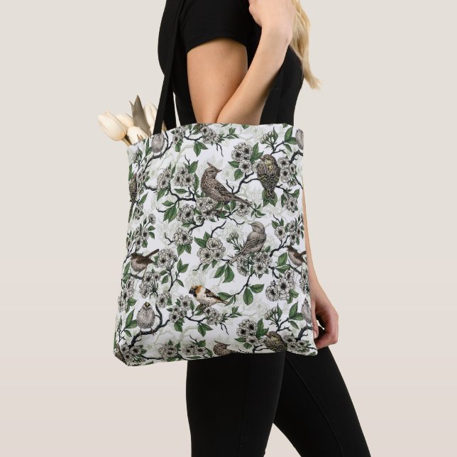 Tote Bag Oiseaux et fleurs de cerisier sur fond blanc (De près)