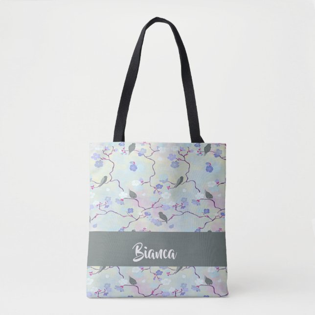 Tote Bag Oiseaux gris avec fleurs (Devant)
