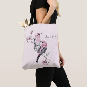 Tote Bag Oiseaux roses et noirs sur une branche d'arbre