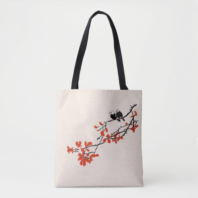 Tote Bag Oiseaux rustiques sur une branche d'arbre avec Feu (Devant)
