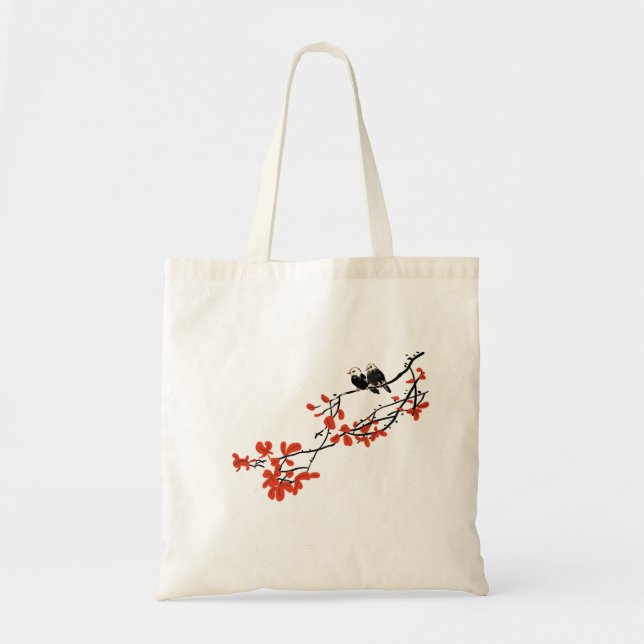 Tote Bag Oiseaux rustiques sur une branche d'arbre avec Feu (Devant)