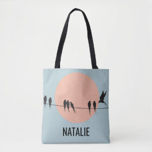 Tote Bag Oiseaux sur un fil avec soleil pastel personnalisé