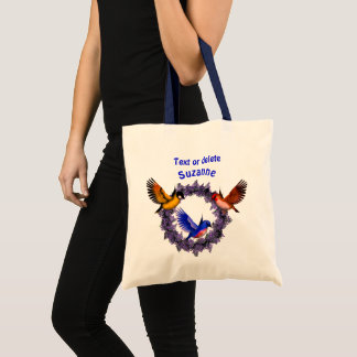 Tote Bag Oiseaux sur une couronne de fleurs violettes perso