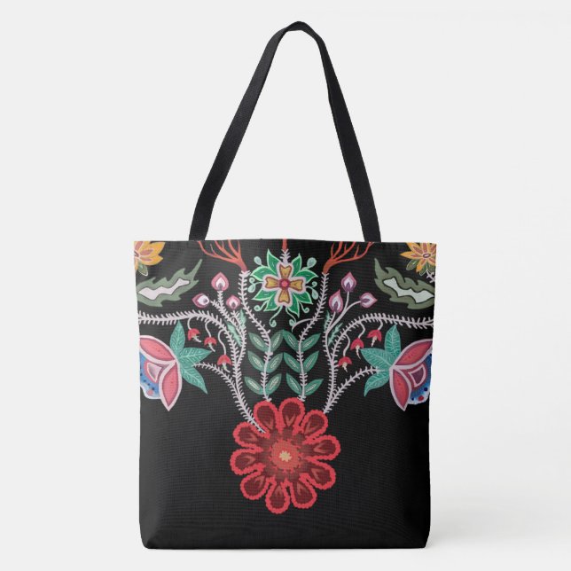 Tote Bag Ojibwe Firekeepers Floral Motif Noir (Devant)