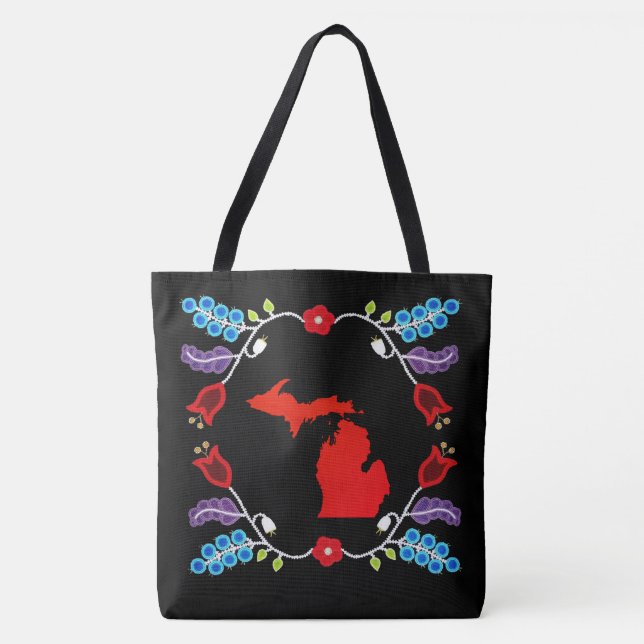 Tote Bag Ojibwe Floral Motif Michigan Noir (Devant)