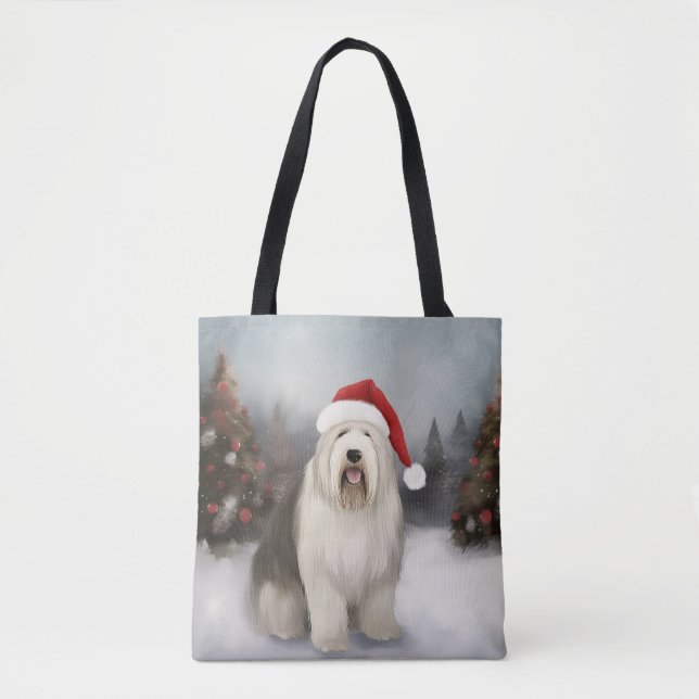 Tote Bag Old English Sheepdog en Noël de neige (Devant)