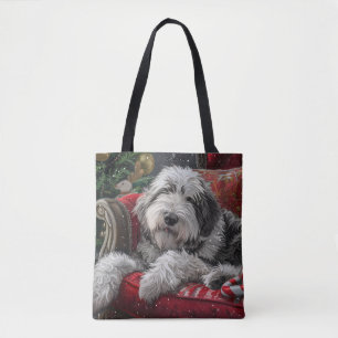 Tote Bag Old English Sheepdog Festive de Noël