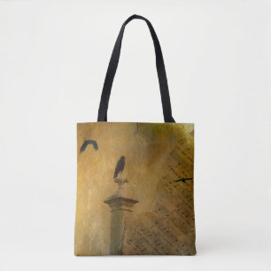 Tote Bag Old Music Paper Crow Art
