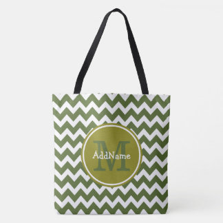 Tote Bag Olive Chevron, Monogramme Personnalisé Nom