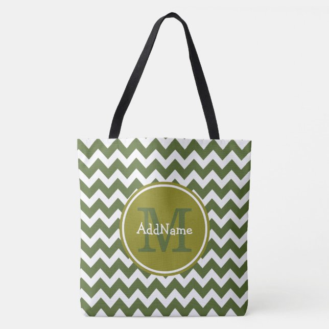 Tote Bag Olive Chevron, Monogramme Personnalisé Nom (Devant)