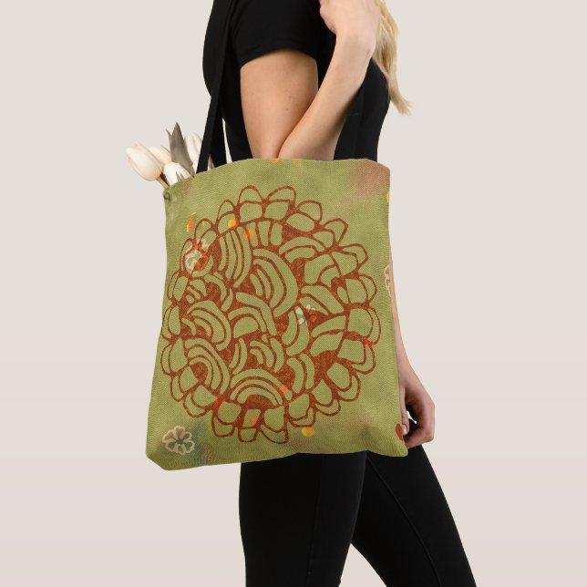 Tote Bag Olive et Rust Green Grunge Flower Sun (De près)