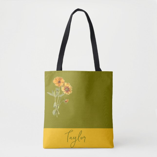 Tote Bag Olive Green Floral Minimal tendance stylish (Devant)