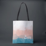 Tote Bag Ombre rose et bleu amour dégradant<br><div class="desc">Un motif gracieux dégradé d'ombre dans un chic bleu mosaïque et rose corail. Personnalisez cette subtile aquarelle design en ajoutant vos propres mots au modèle de texte,  ou gardez le mot sentimental : Amour.</div>
