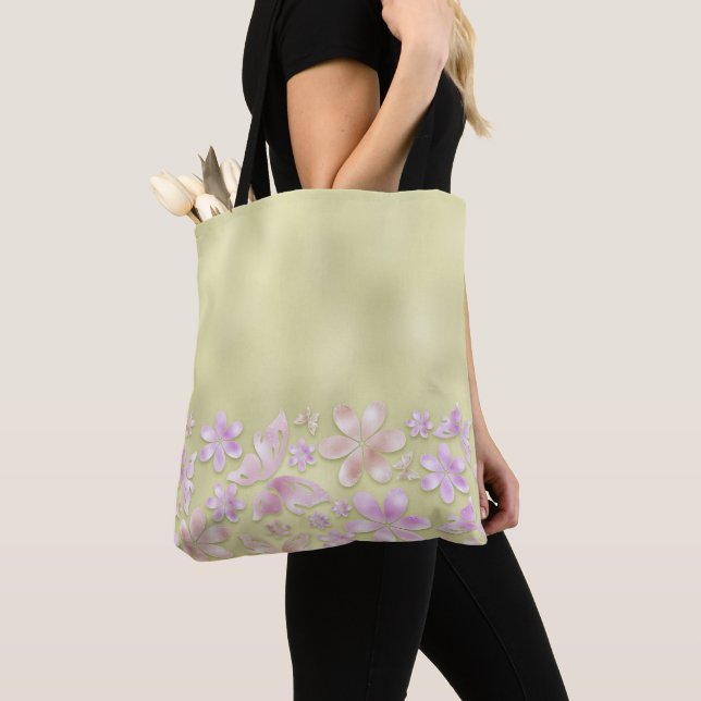 TOTE BAG OMBRE VERT AVEC BOUTEILLES ET FLEURS ROSES (De près)