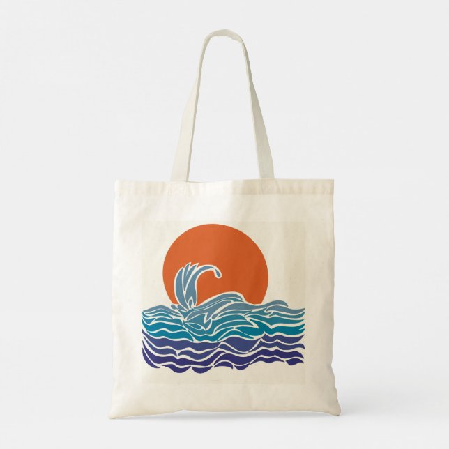 Tote Bag Ondes océaniques rétro et coucher de soleil (Dos)
