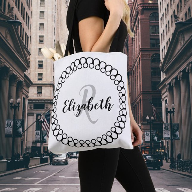 Tote Bag Onyx Cercle décoratif Personnaliser Monogram Fourr (Onyx Decorative Monogram Tote Bag)