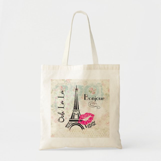 Tote Bag Ooh La La Paris Tour Eiffel sur Motif Vintage (Devant)