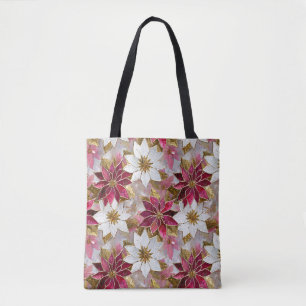 Tote Bag Or Blanc Bourgogne Rose Poinsettias de Noël