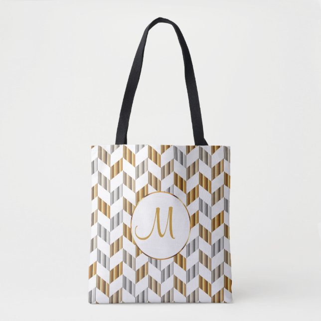 Tote Bag Or, blanc et argent Chevron Monogram Design (Devant)