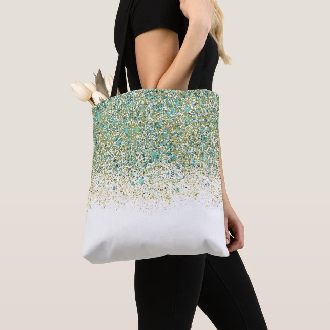 Tote Bag Or Blanc et Paillettes Bleu Turquoise Glam Moderne (De près)