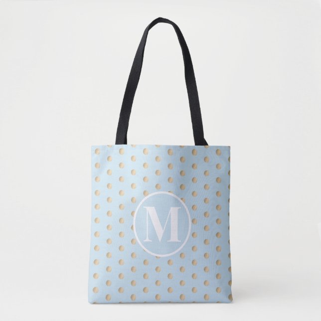 Tote Bag Or bleu doux pois blancs monogramme (Devant)