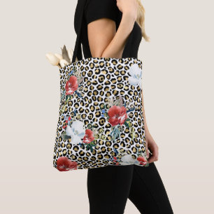 Tote Bag Or Empreinte de léopard Rouge Blanc Floral