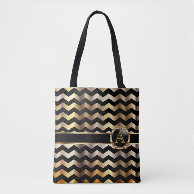 Tote Bag Or et conception noire de monogramme de Chevron (Devant)