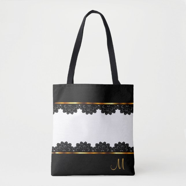 Tote Bag Or métallique et jolie dentelle noire (Devant)