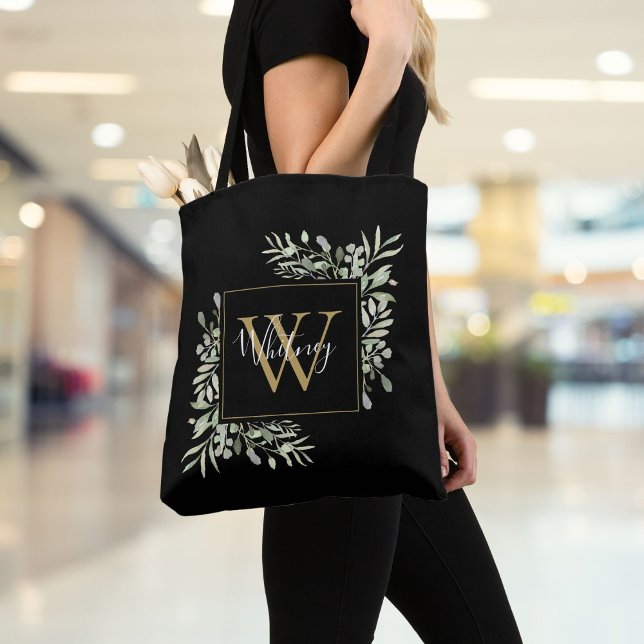 Tote Bag Or Monogramme Floral de Verdure Noir (Créateur téléchargé)