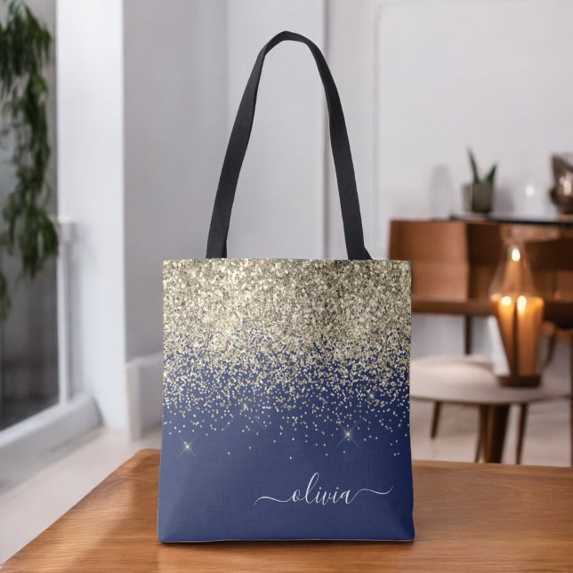 Tote Bag Or Monogramme Pailleté Pailleté Fille Navy Bleu Or (Créateur téléchargé)