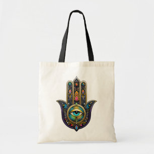 Tote Bag Or noir coloré Hamsa avec troisième œil turquoise