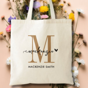 Tote Bag Or Noir Monogramme Initiale Script Nom Cœur