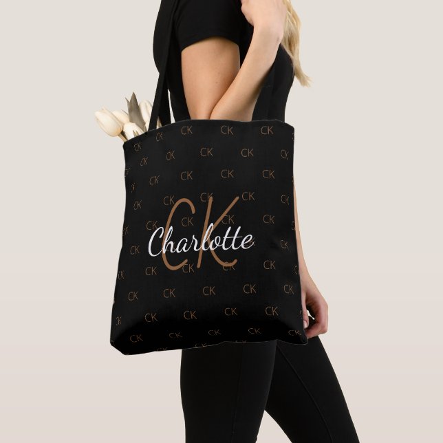 Tote Bag Or noir pailleté monogramme nom élégant  (De près)
