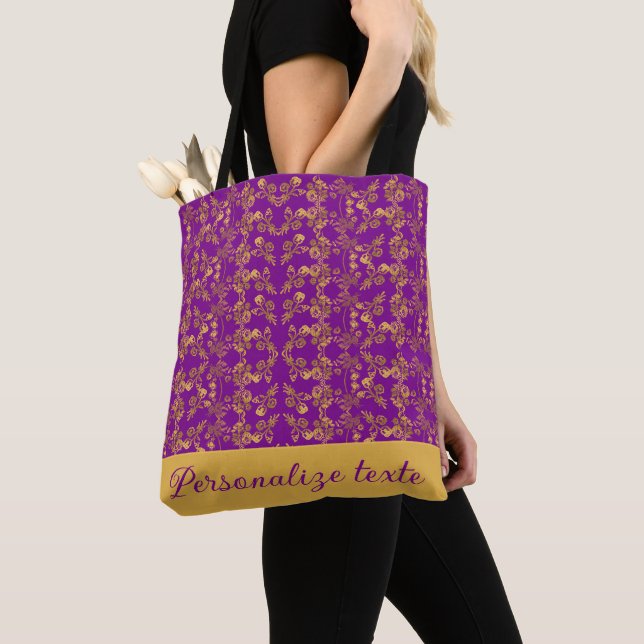 Tote Bag Or personnalisé en luxueux damas floral or sur fon (De près)