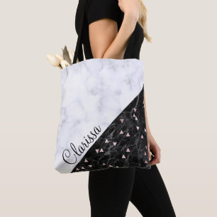 Tote Bag or rose de marbre blanc noir élégant géométriq